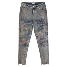 Весенне-осенние женские джинсовые шаровары с высокой талией, с цветочным принтом, с рваными бусинами, брюки, женские джинсовые шорты стрейч, брюки для женщин