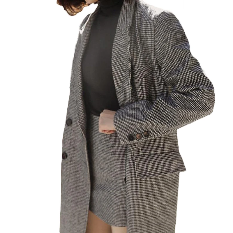 2022 New Winter Plaid Blazers Suits Women Black Woolen Houndstooth Turn Down Collar Long Blazer Coat Autumn Jackets XA236 | Женская