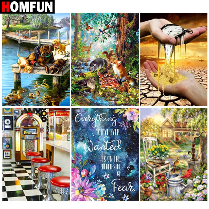 Алмазная живопись HOMFUN домики с щенками и цветами картина из квадратных круглых