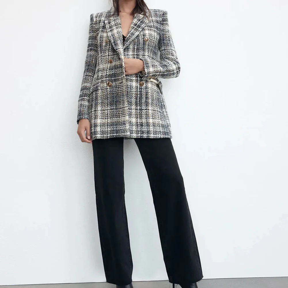 

XIKOM Autumn Plaid Textured Tweed Women Jacket Pockets Long Sleeve Blazer Women Office Lady Slim Blazer Jacket Coat For Women