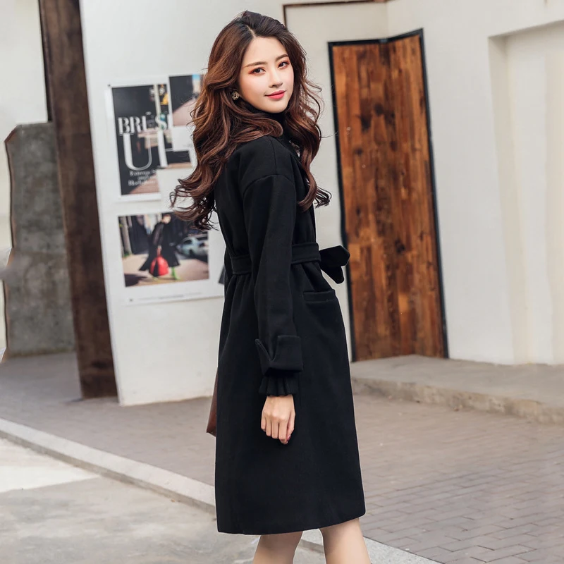 

Women's Trenches 2019 Autumn Lapel Long Sleeve Long Plus velvet Trenches Winter Woolen Tunics Slim Solid Color Plus Size Trench