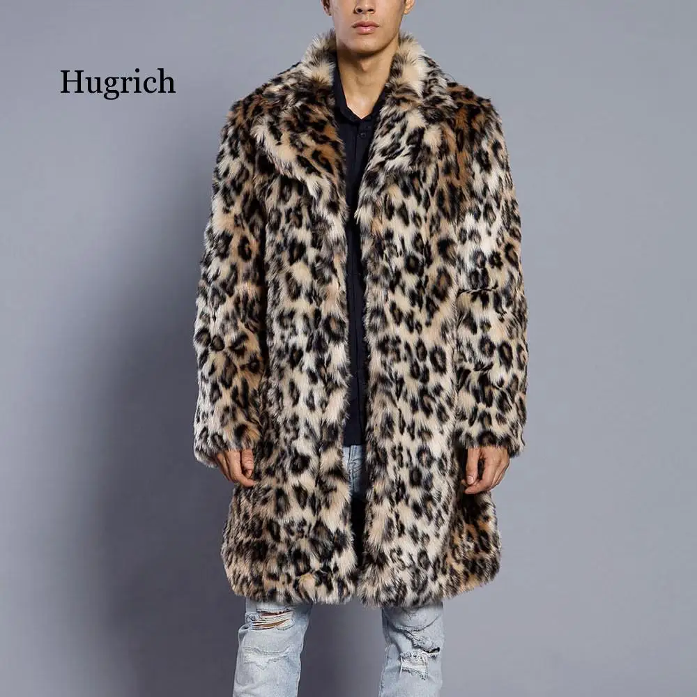 

Mens Leopard Plus Thickening Long Coat Warm Thick Fur Collar Coat Jacket Faux Fur Parka Cardigan Male Fashion Style