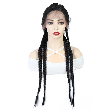 

SOKU Synthetic Braided Wigs With 4pcs Braids L-Part Lace Front Wig Black Long Hair For Women Trendy Braid Wig with Baby Hair