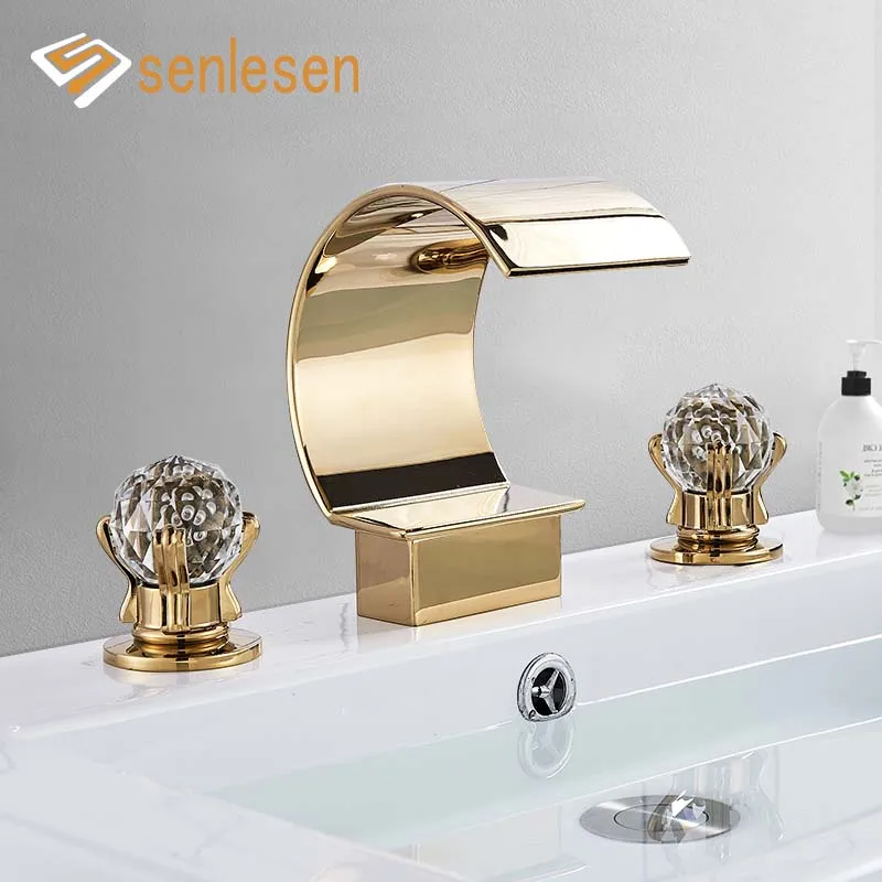 Senlesen Bathroom Basin Sink Faucet Golden Polished 3 Pcs Deck Mounted