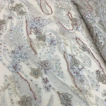 

High Class Apricot Mix Green Color Handmade Beaded Flower Pattern Sequins Embroidery Lace Fabric Elegant Mesh For Party Dressing