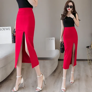 

Plus Size New Fashion 2019 Women Long Skirt Slim Spring Summer Sexy Pencil Skirt Elegant Casual Office Ladies Open Split Skirts