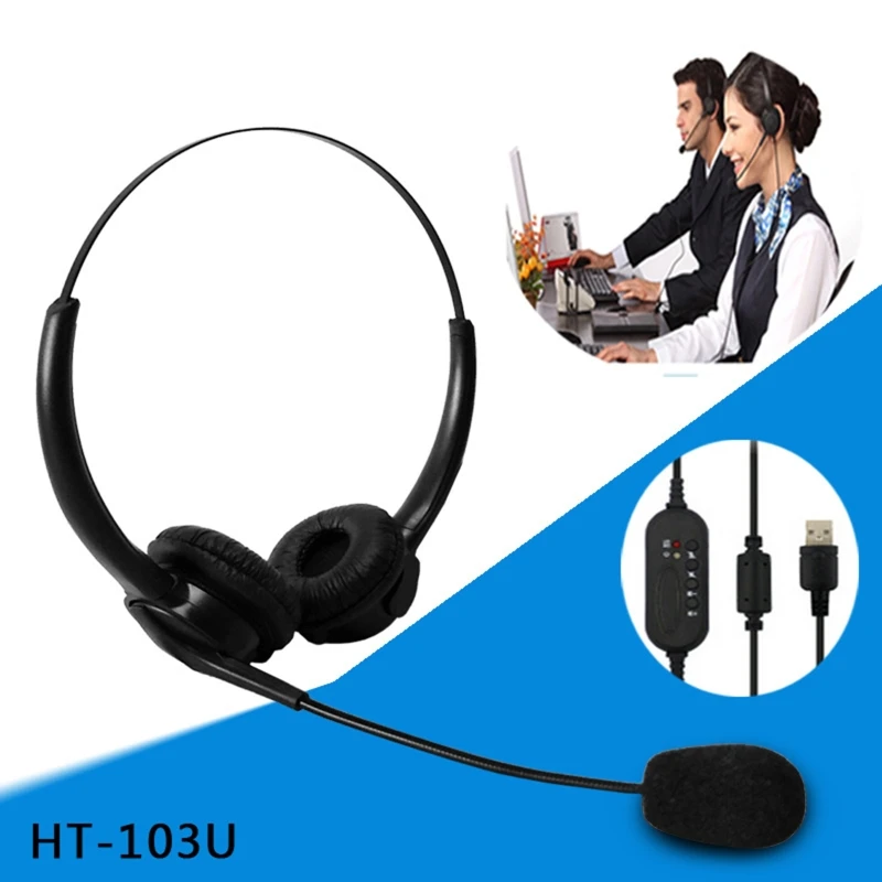 USB Noise Reduction Headset with Microphone Gooseneck Mic Call Center Office PC Computer On Ear Wired Headphones