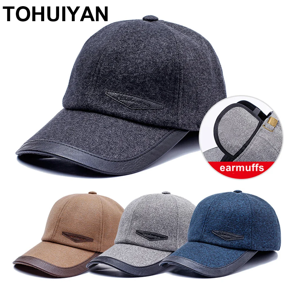 

TOHUIYAN 2019 Winter Woolen Cap Earmuffs Baseball Cap Man Adjustable Snapback Hat Autumn Dad Caps Hip Hop Fitted Casquette Hats