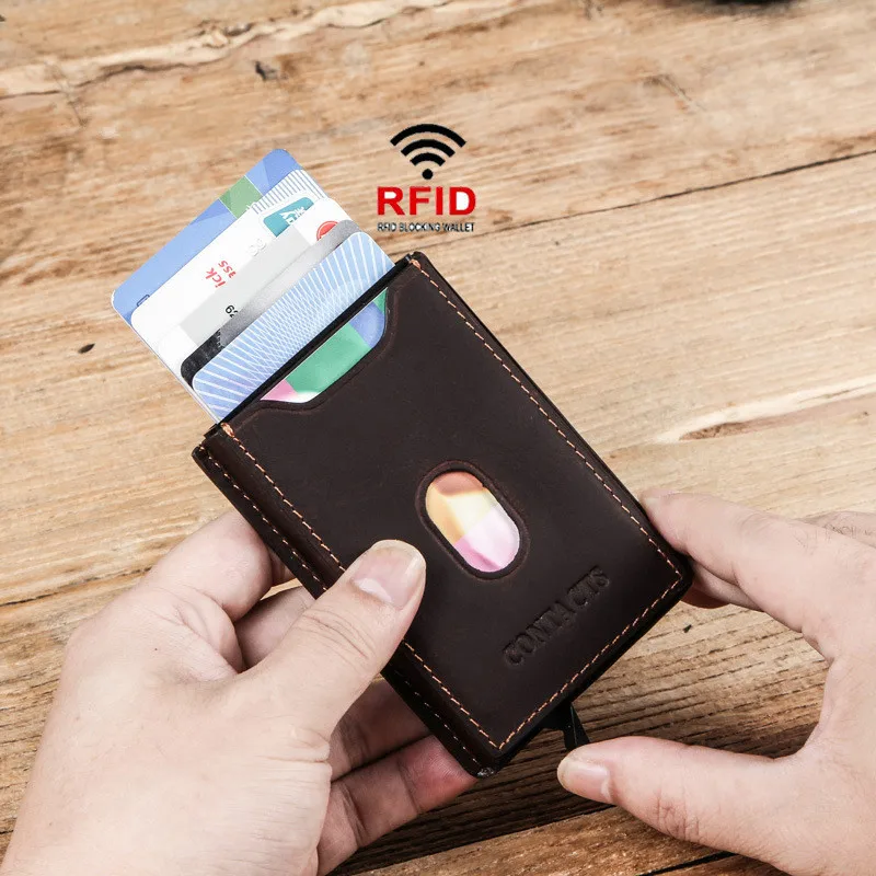 BISI GORO деловой Мужской винтажный из натуральной кожи RFID Противоугонный кредитный держатель для карт Авто всплывающий алюминиевый чехол для ID карты
