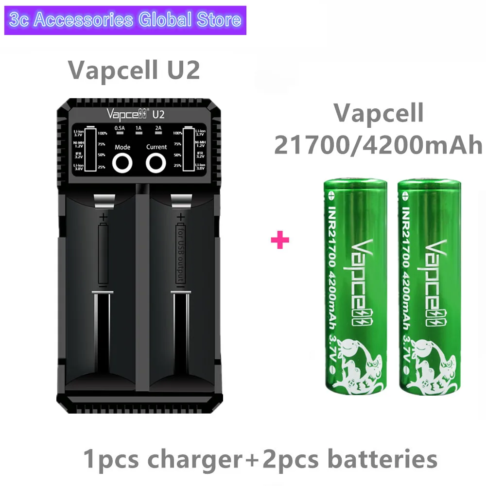 2шт Vapcell 21700 батарея 4200mah 30A rewrap molicel P42A аккумуляторная батарея с Vapcell U2 2A быстрое устройство для зарядки