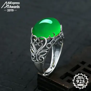 

12*16mm 6.18 Sale S925 Sterling Silver Asia Emerald Rings Jade moldevite Chinatown Afghanistan Retro Gemstone Jade