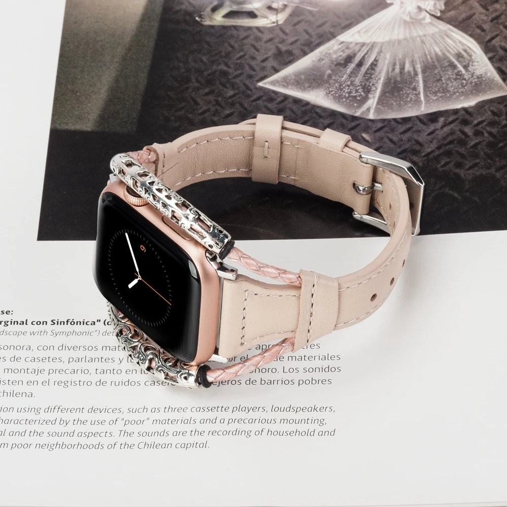 Кожаный ремешок для Apple Watch Band для женщин тонкий переплетение двойное кольцо браслеты Замена Группа аксессуары для iwatch 4/3/2/1
