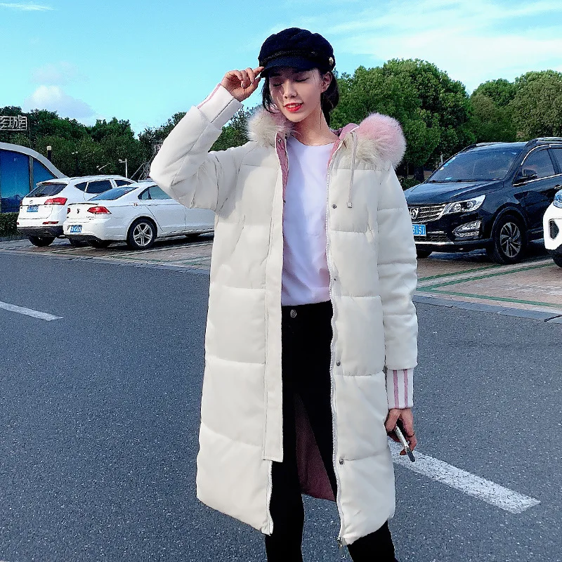 Бежевый Повседневная Новинка, женская зимняя куртка из плюшевой ткани с хлопковой подкладкой, теплая плотная куртка с большим меховым воротником, женские длинные пальто, пуховики - Цвет: Бежевый