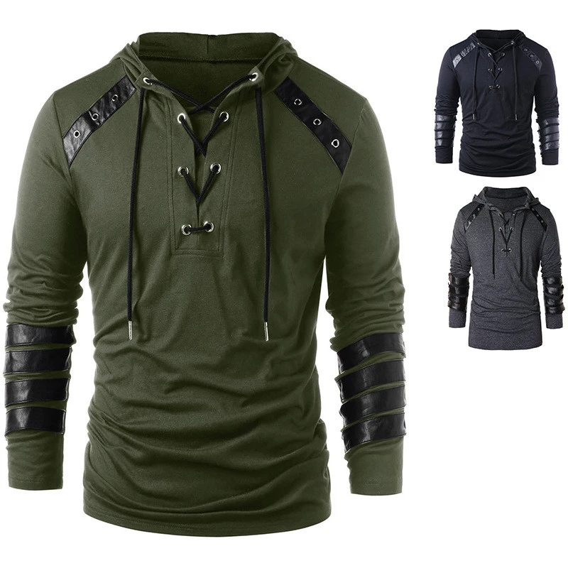 Men Tactical Military T Shirt Long Sleeve Army Combat Shirt Cuff Faux Leather Strap Neckline Drawstring Buckle Hoodie Sweatshirt Men Tactical Military T Shirt Long Sleeve Army Combat Shirt Cuff Faux Leather Strap Neckline Drawstring Buckle Hoodie Sweatshirt