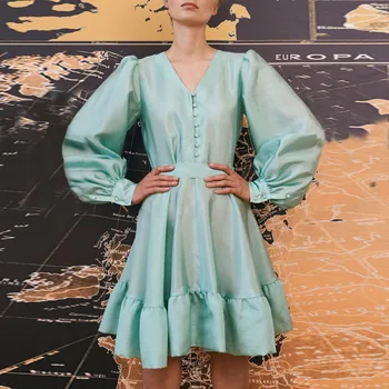 

Elegant Vintage Shiny Satin Dress Women Lace Up V Neck Ladies Gothic Dresses High Quality Button Retro Short Ruffle Dress 2020