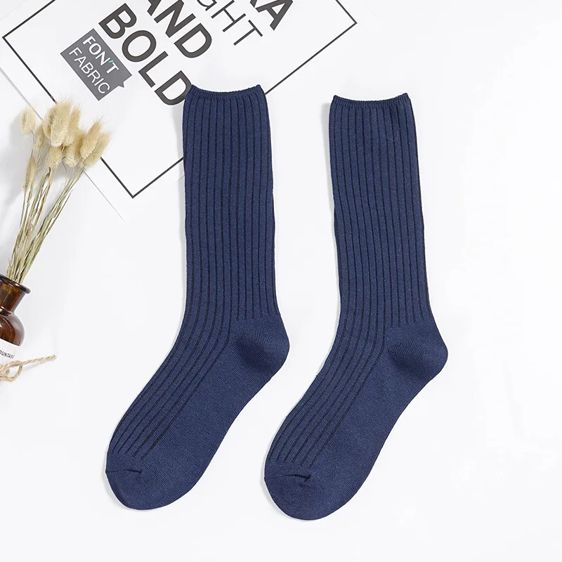 3Pairs/lot=6Pieces Autumn Solid Color Double Needle Vertical Stripes Long Socks Female Cotton Thickening Woman Winter Socks