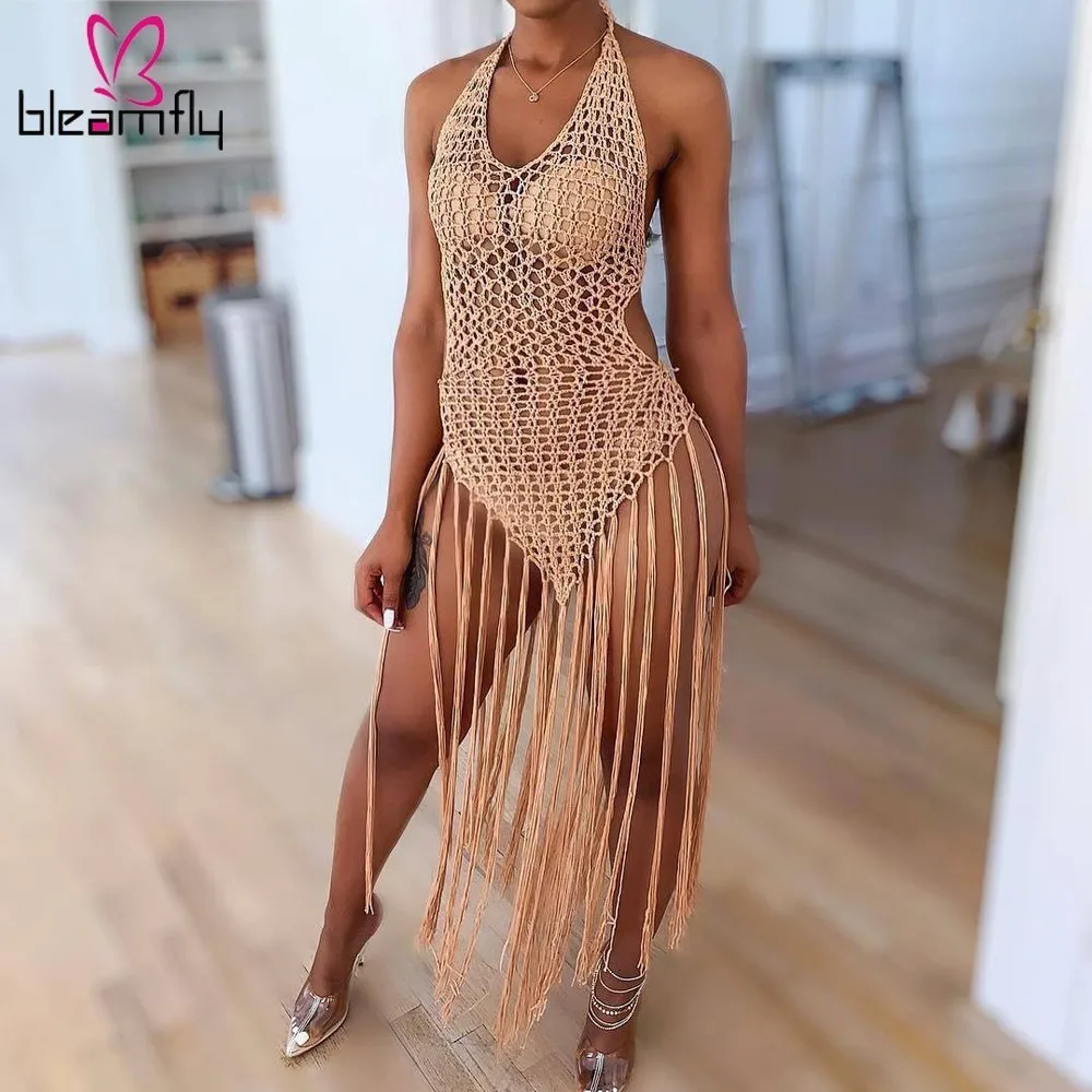 

Crochet Sheer Long Dress Women Cross V-Neck Sleeveless Backless Tassel Fringe Dresses Halter Knit Bikini Cover Up Beach Outfit
