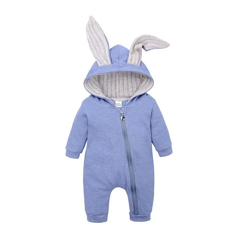Весенне-осенние комбинезоны для новорожденных; одежда с длинными рукавами и рисунком кролика; хлопковый комбинезон с капюшоном для малышей - Цвет: blue