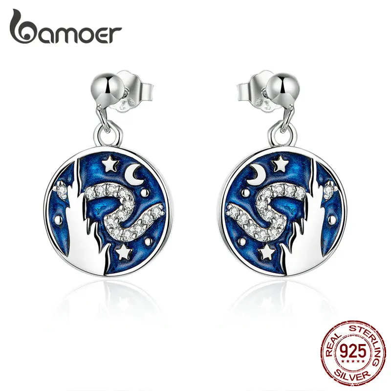 Billige Bamoer Luxus Klar CZ Design Starry Sky Blue Emaille Runde Baumeln Ohrringe für Frauen 925 Sterling Silber Kunst Bijoux SCE780