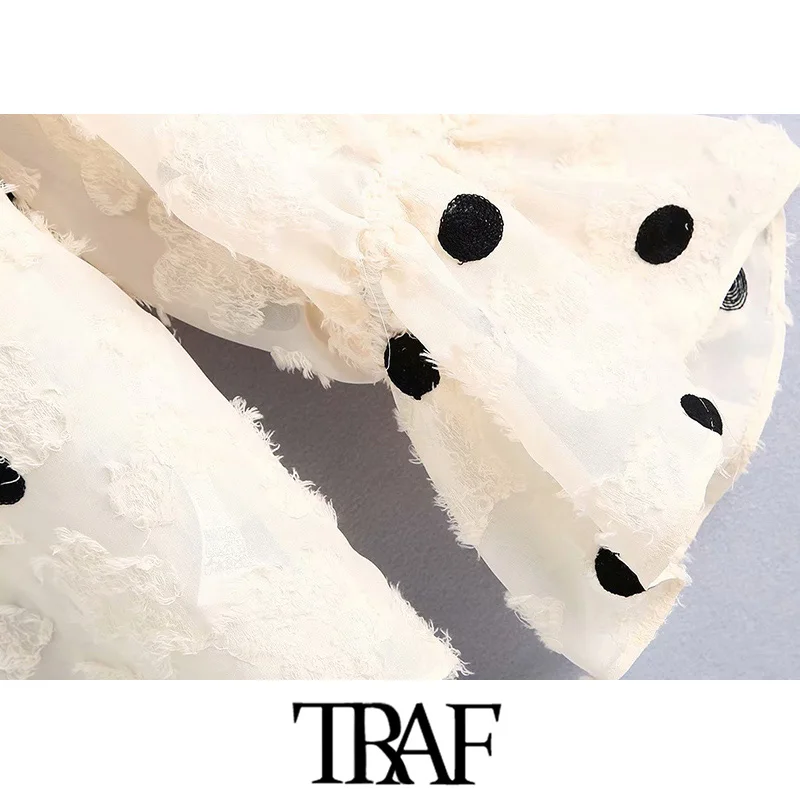 TRAF, Женская винтажная элегантная офисная одежда, блузки в горошек, модные, v-образный вырез, длинный рукав, оборки, эластичные манжеты, рубашки, шикарные топы