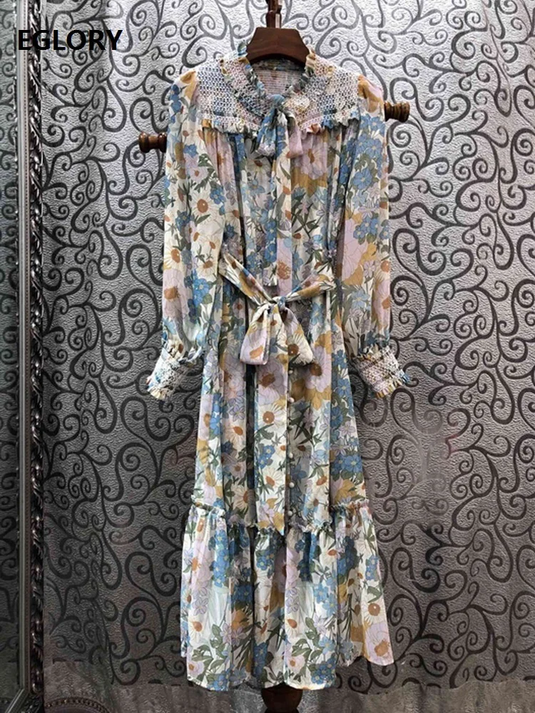 

Beautiful Dress 2020 Spring Fashion Style Women Bow Collar Elegant Floral Print Vintage Buttons Deco Long Sleeve Silk Dress Lady