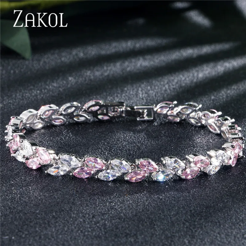 Pink ZAKOL модные ювелирные изделия невесты белого цвета в виде листа, очаровательный браслет с кубическим цирконием и браслеты с прозрачными CZ кристаллами, браслеты для женщин FSBP061 - Окраска металла: Pink