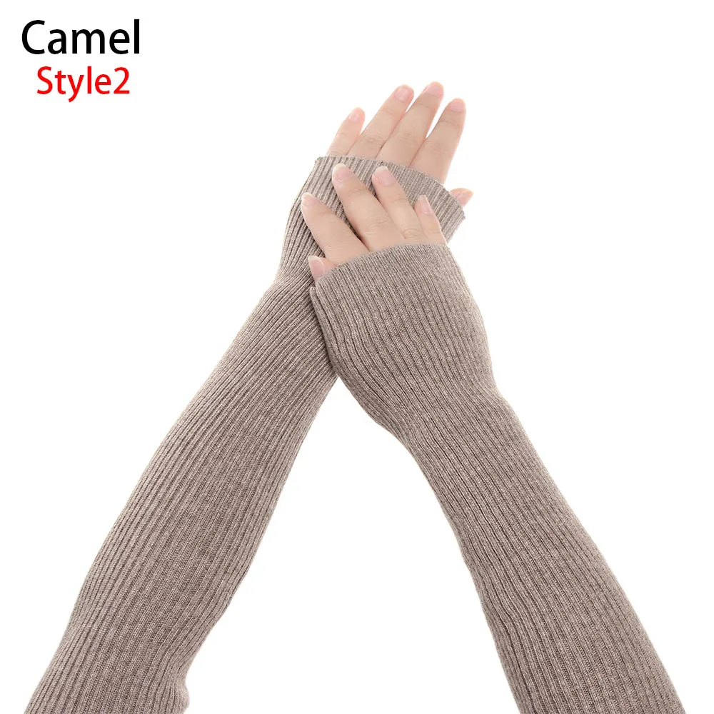 camel 2 Эластичные вязаные гетры для рук на осень и зиму, шерстяные кашемировые вязаные одноцветные длинные перчатки без пальцев - Цвет: camel 2