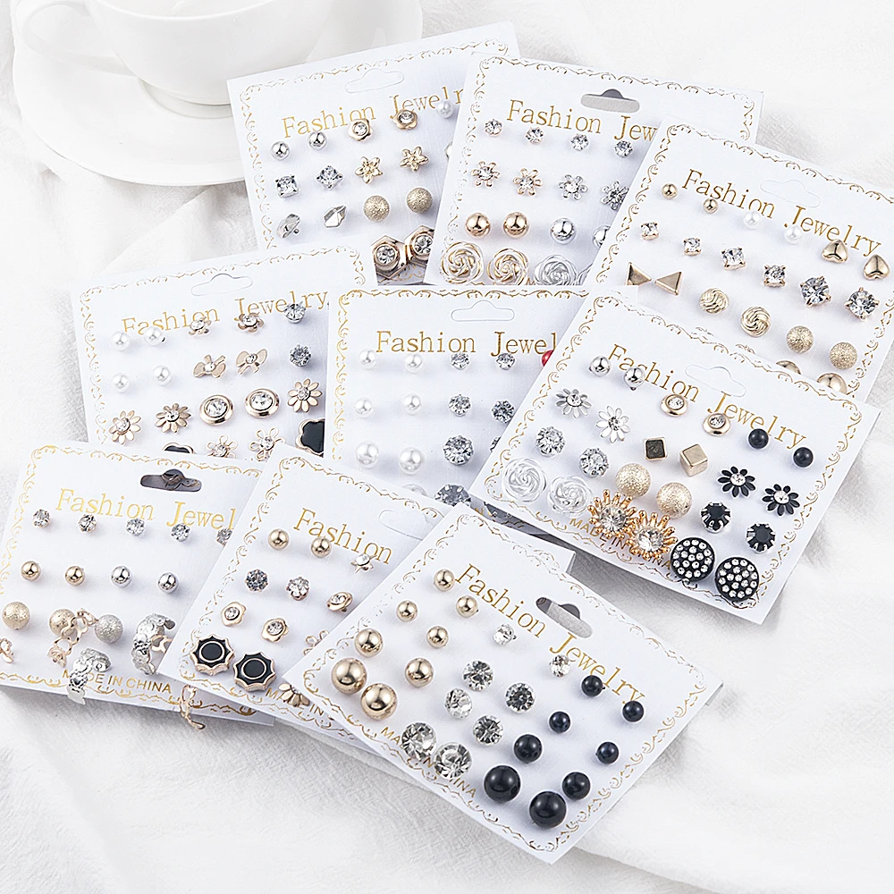 12 Pairs/Set Women's Pearl Flower Crystal Mix Design Studs Earrings Girls Elegant Gold Heart Ear Jewelry Gift Aretes De - Image 6
