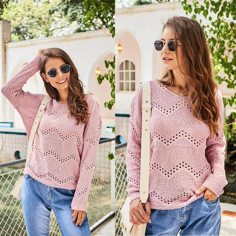 

Women Sweater Solid Color Women Tops Bat Sleeve Pullover Knite O-neck Hollow Sweater Outwears