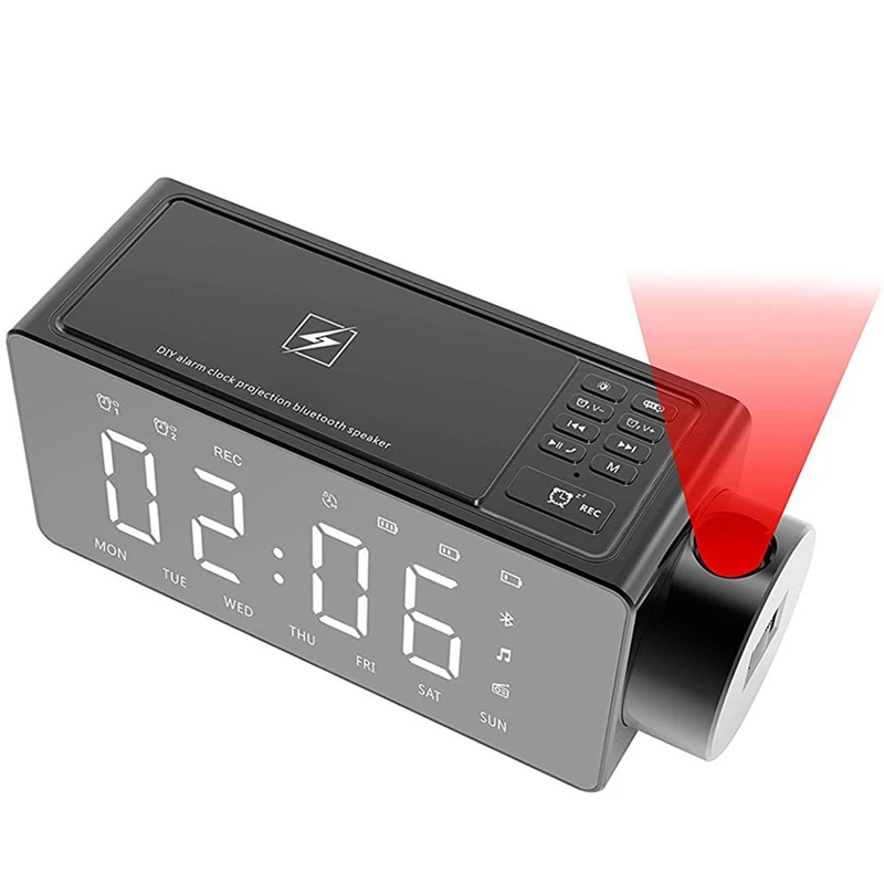 

New Projection Alarm Clock Bluetooth Speaker With Wireless Charging Diy Ringtone,One-Click Snooze,Bluetooth Call Speaker,Fm Radi