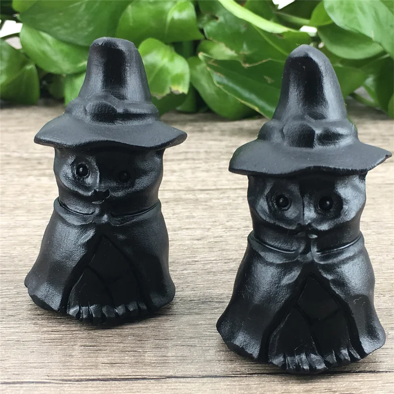 

Natural Crystals Quartz Obsidian Stone Witch Cat Hand Carved Halloween Healing Wizard Crystal Room Decor 1pcs