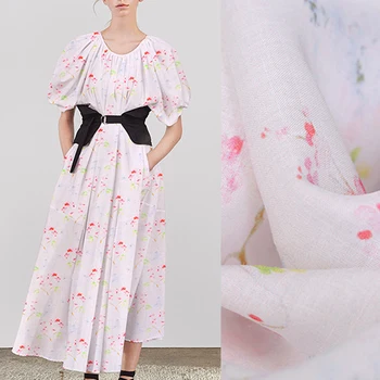 

143CM Wide 180G/M Red Pink Floral Print Tencel Ramie Summer Spring Pants Dress Shirt Blouse Jacket Fabric DE1263