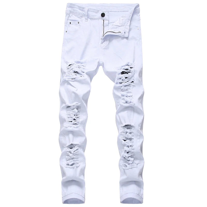 

straight hole destruction trousers distressed jeans men denim trousers men jeans fashion designer brand white jean male