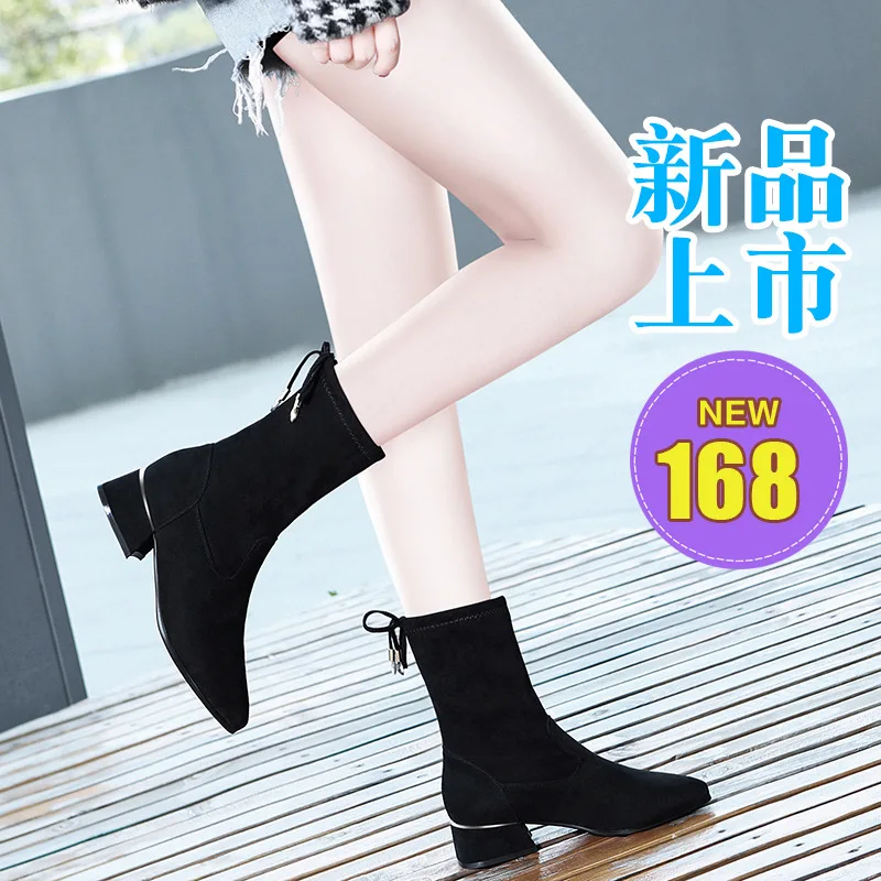 

Centennial Short Boots Women's 2019 New Style plus Velvet Boots Fashion Boots Chunky Heel Semi-high Heeled over-the-Knee Boots L