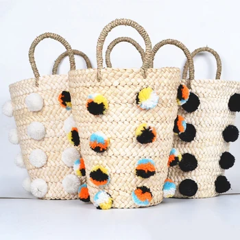 

Straw Bags Plush Ball Decoration Woven Bag Handbag Fashion Casual