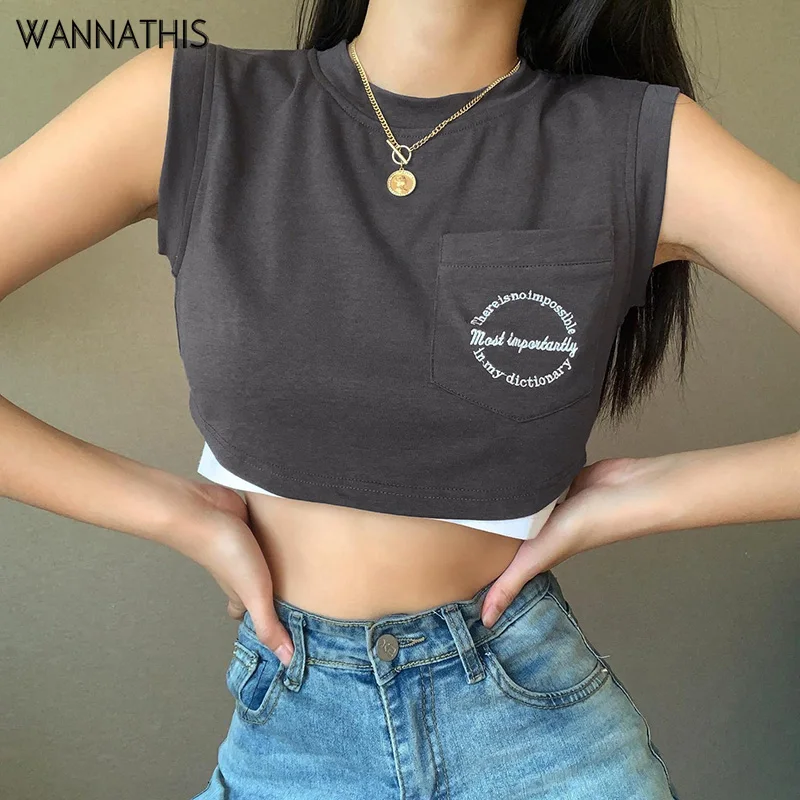 

WannaThis Front Pockets Letter Embroidery Sleeveless Cropped Women T-Shirts O-Neck Splice Crop Top Casual Sexy Summer Lady Tops