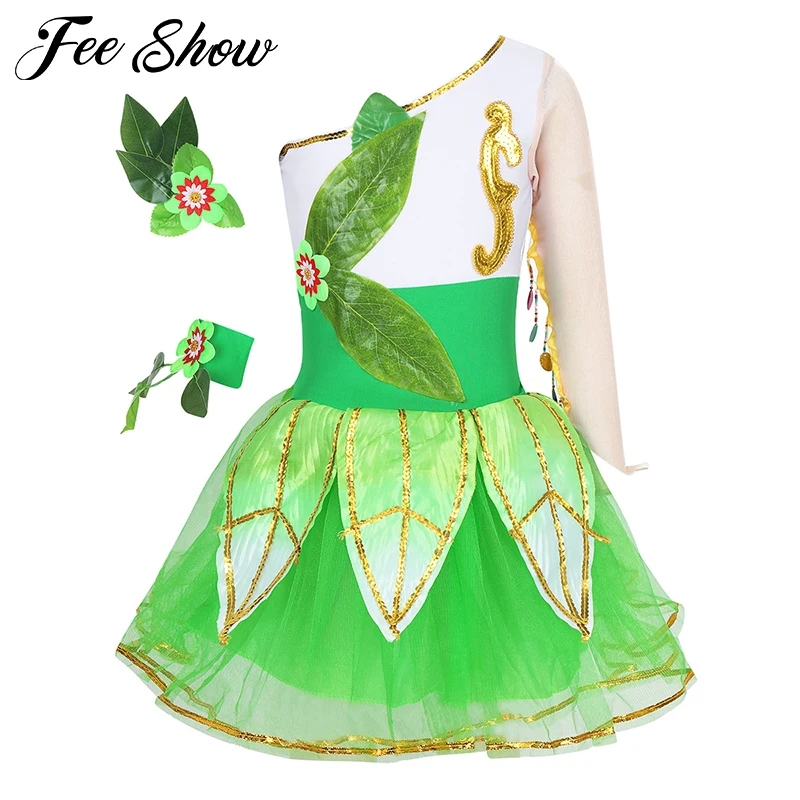 Детское балетное платье-пачка с длинным рукавом и одним плечом для девочек балетные гимнастические леотарды с блестящими пайетками, детский танцевальный сценический костюм