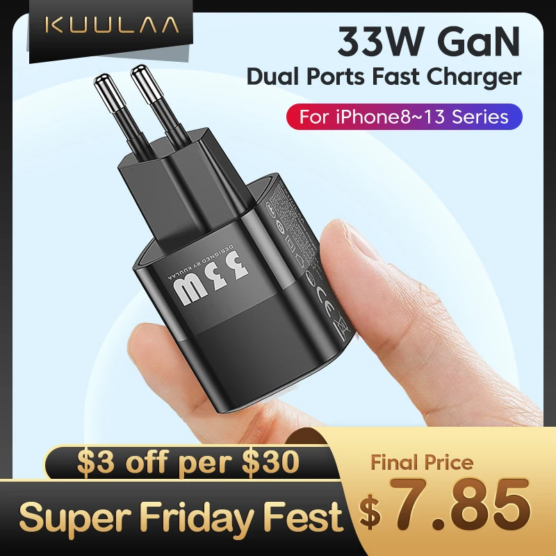 Зарядное устройство KUULAA USB C 33 Вт для быстрой зарядки PD iPhone 13 12 11 Max Pro XS 8 Plus iPad Air 2020