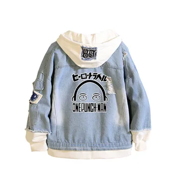 

One Punch Man Cosplay Costume Women Denim Jacket GINTAMA Casual Ripped Hole Jeans Coat Plus Hooded Outerwear Spring Jackets Tops