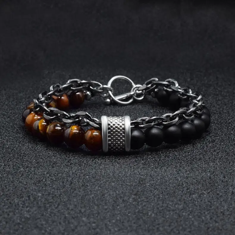 as picture Новинка, модные мужские ювелирные изделия, натуральный камень, натуральная кожа, браслет, черный, нержавеющая сталь, магнитная застежка, тигровый глаз, браслет из бисера для мужчин - Окраска металла: as picture