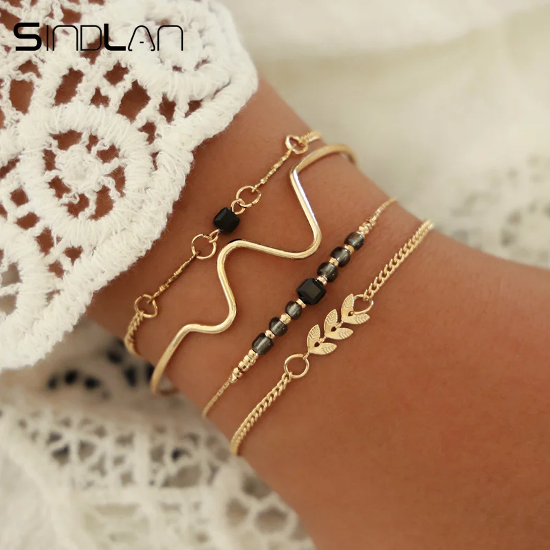 

Sindlan 4PCs European Vintage Beads Bracelets for Women Gold Leaf Bangles Open Bracelets Set Geometric Charm Wrist Chain Jewelry