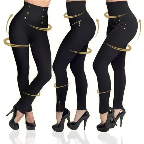 

Seamless Black High Waist Leggings Women Zipper Buttons Hot Rhinestones Leggings