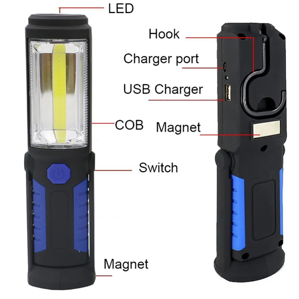 Портативный USB Перезаряжаемый COB ночной Светильник вспышка светильник светодиодный фонарь рабочий светильник лампа для кемпинга со встроенным аккумулятором магнитный крючок