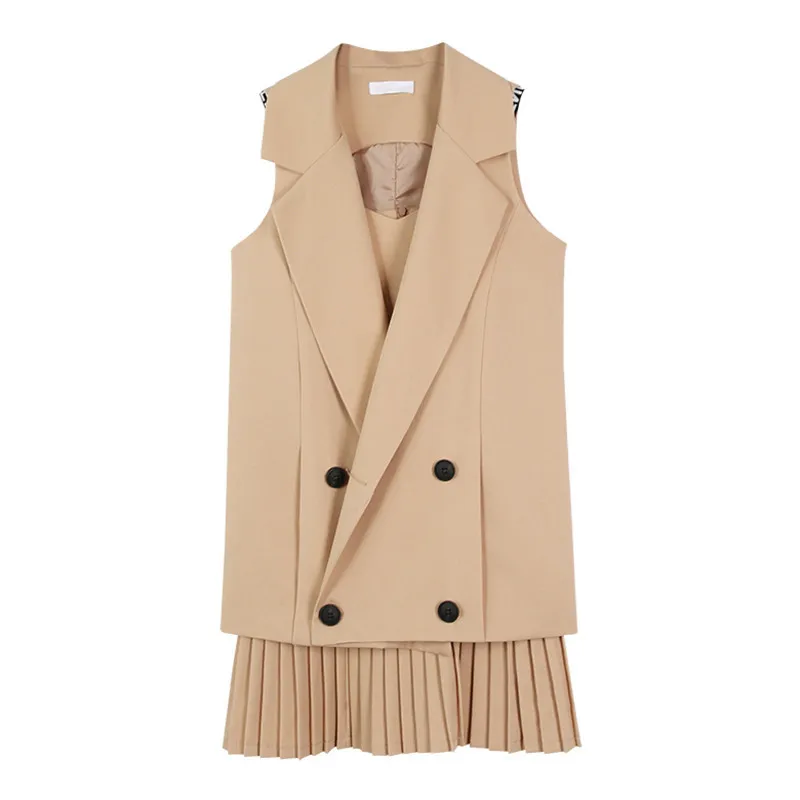 

Vintage Mini Pleated Dress Suits With Double Breasted Blazer Jacket 2 Piece Sets Sleeveless Spring Summer Fall Clothes Female
