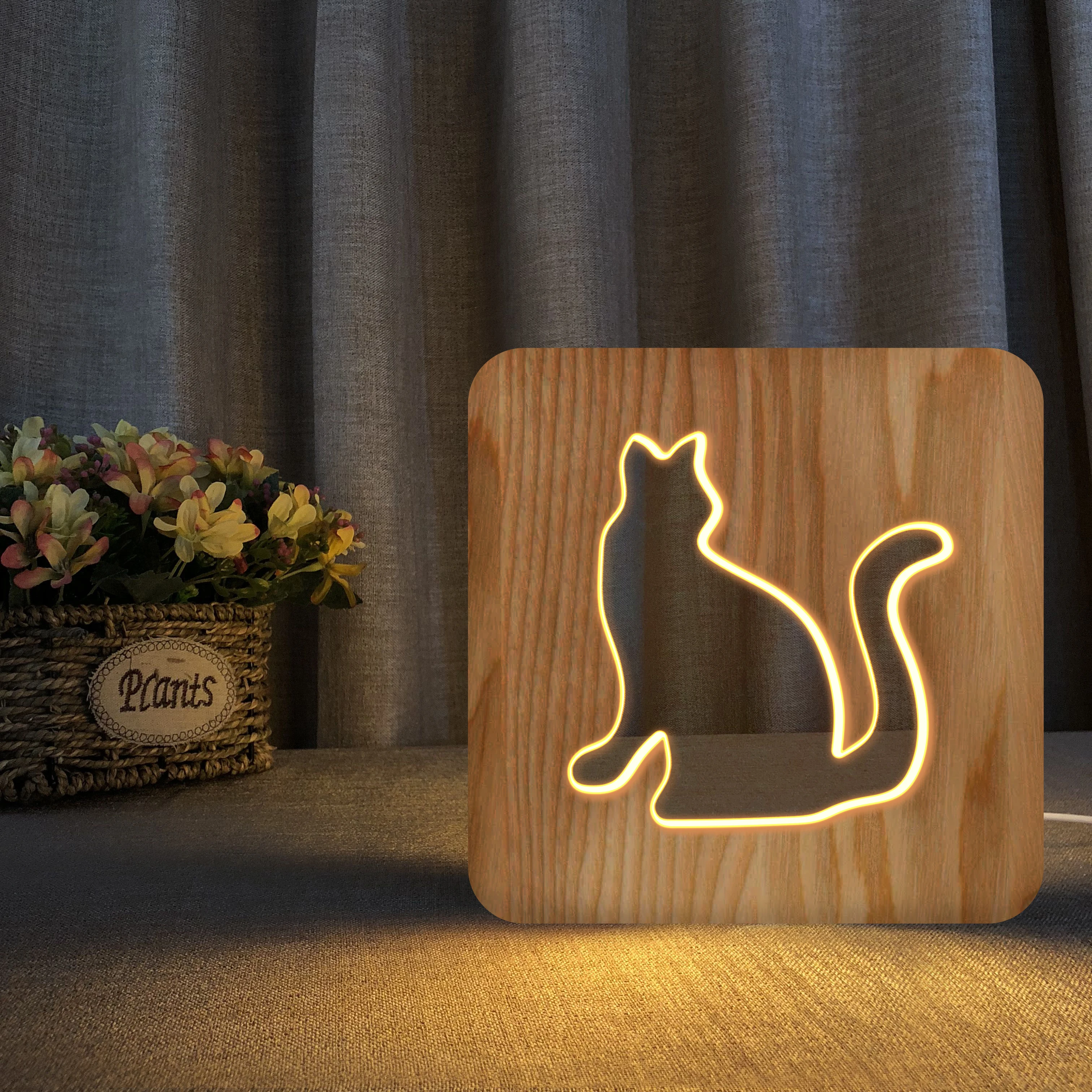 

Wave Cat Walking Cat Lamp Wooden 3D Led Night Lights For Kids Touch USB Table Lampe Baby Sleeping Nightlight Dropshipping