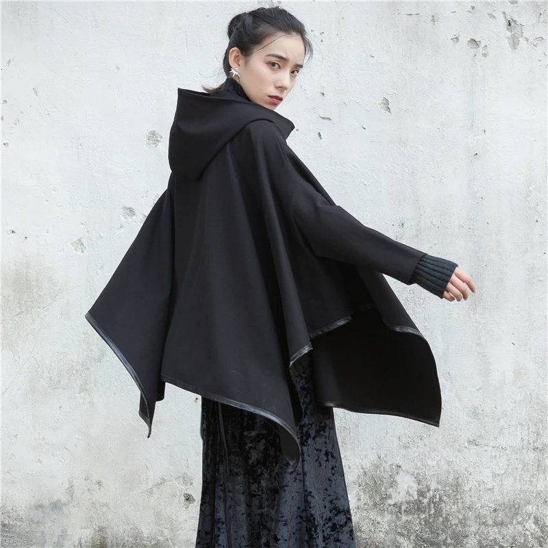 

[LANMREM] 2019 Autumn And Winter New Products Fashion Loose Crew Neck Solid Color Pocket Shawl Cape Short Jacket PA189