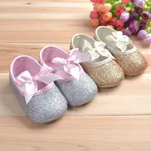Обувь принцессы; Блестящие Детские кроссовки; нескользящая обувь на мягкой подошве для младенцев; шикарная обувь с бантом для маленьких детей 0-18 месяцев