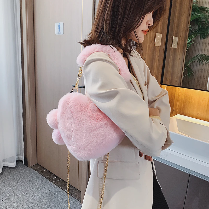 Искусственная меховая сумка милая леди Сердце розовая сумка через плечо ...