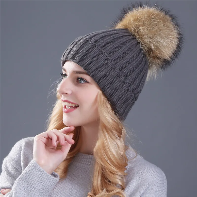 mink dark gray Xthree, шапка из меха норки и лисы, помпоны, зимняя женская шапка, шапка для девочек, вязаные шапки, шапка, фирменная Новинка, толстая женская шапка - Цвет: mink dark gray