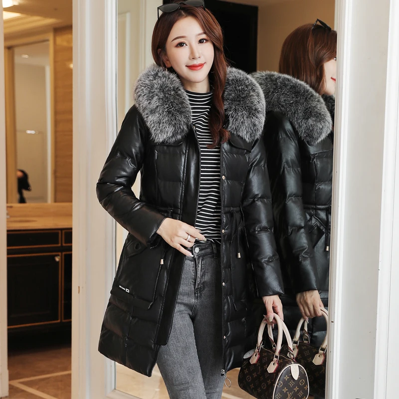 Зимнее пальто для женщин, корейская мода, женский пуховик из искусственной кожи, плюс размер XXXL, корейский меховой пуховик, Женская куртка с капюшоном, женская шапка